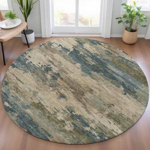 HomeRoots 5' Durable Teal Blue and Beige Abstract Area Rug for Indoor and Outdoor Use, Stylish and Washable 8' Round 630941