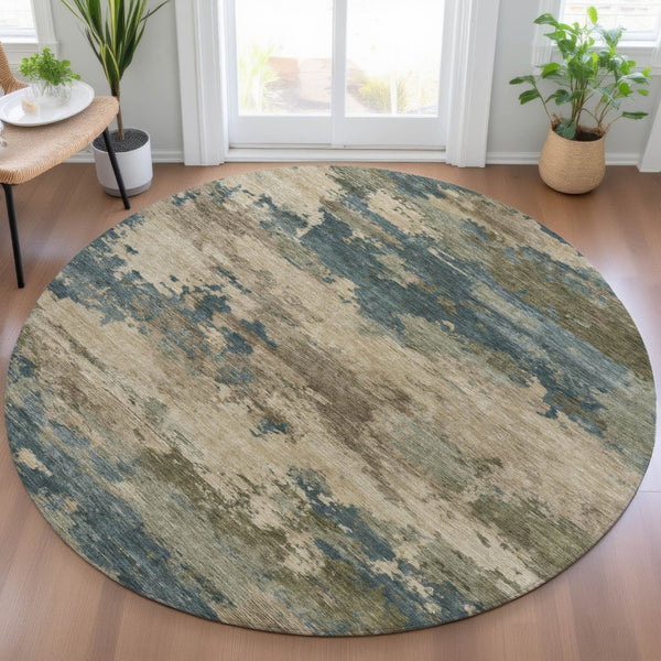HomeRoots 5' Durable Teal Blue and Beige Abstract Area Rug for Indoor and Outdoor Use, Stylish and Washable 8' Round 630941