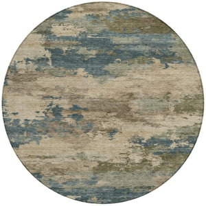 HomeRoots 5' Durable Teal Blue and Beige Abstract Area Rug for Indoor and Outdoor Use, Stylish and Washable 8' Round 630941
