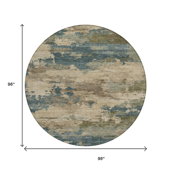 HomeRoots 5' Durable Teal Blue and Beige Abstract Area Rug for Indoor and Outdoor Use, Stylish and Washable 8' Round 630941