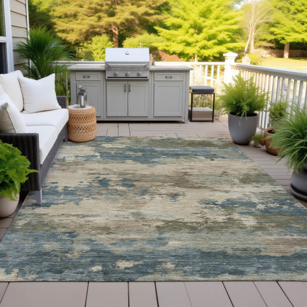 HomeRoots 5' Durable Teal Blue and Beige Abstract Area Rug for Indoor and Outdoor Use, Stylish and Washable 8' X 10' 630942