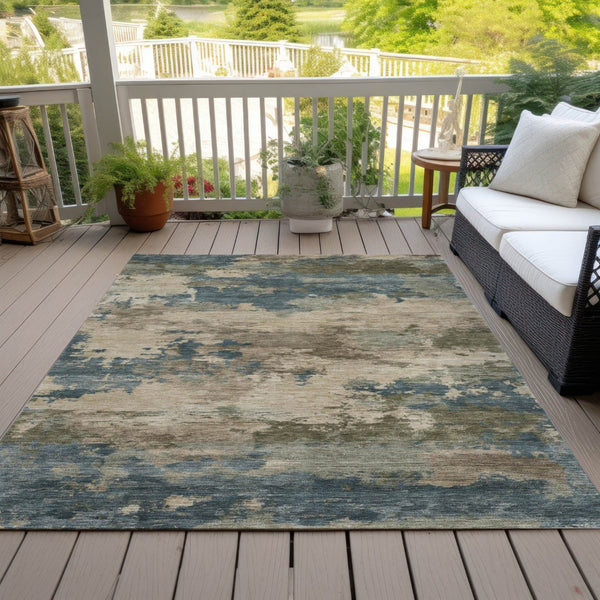 HomeRoots 5' Durable Teal Blue and Beige Abstract Area Rug for Indoor and Outdoor Use, Stylish and Washable 8' X 10' 630942
