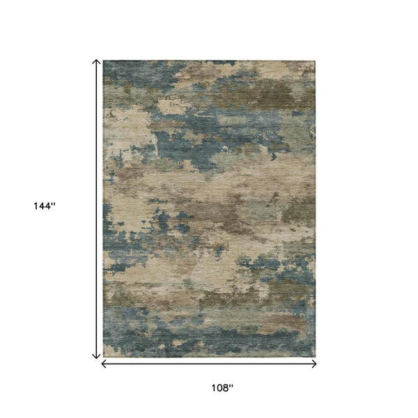 HomeRoots 5' Durable Teal Blue and Beige Abstract Area Rug for Indoor and Outdoor Use, Stylish and Washable 9' X 12' 630943