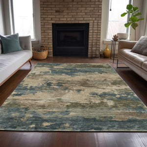HomeRoots 5' Durable Teal Blue and Beige Abstract Area Rug for Indoor and Outdoor Use, Stylish and Washable 9' X 12' 630943