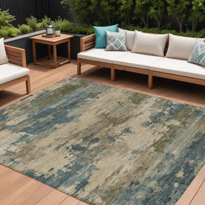 HomeRoots 5' Durable Teal Blue and Beige Abstract Area Rug for Indoor and Outdoor Use, Stylish and Washable 10' X 14' 630944