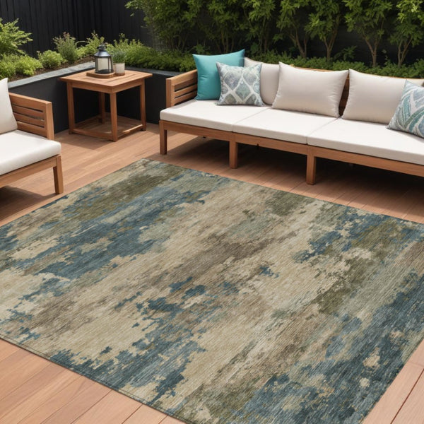 HomeRoots 5' Durable Teal Blue and Beige Abstract Area Rug for Indoor and Outdoor Use, Stylish and Washable 10' X 14' 630944