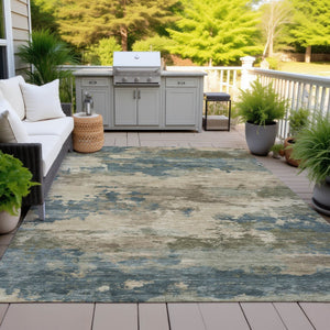 HomeRoots 5' Durable Teal Blue and Beige Abstract Area Rug for Indoor and Outdoor Use, Stylish and Washable 10' X 14' 630944
