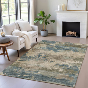 HomeRoots 5' Durable Teal Blue and Beige Abstract Area Rug for Indoor and Outdoor Use, Stylish and Washable 10' X 14' 630944