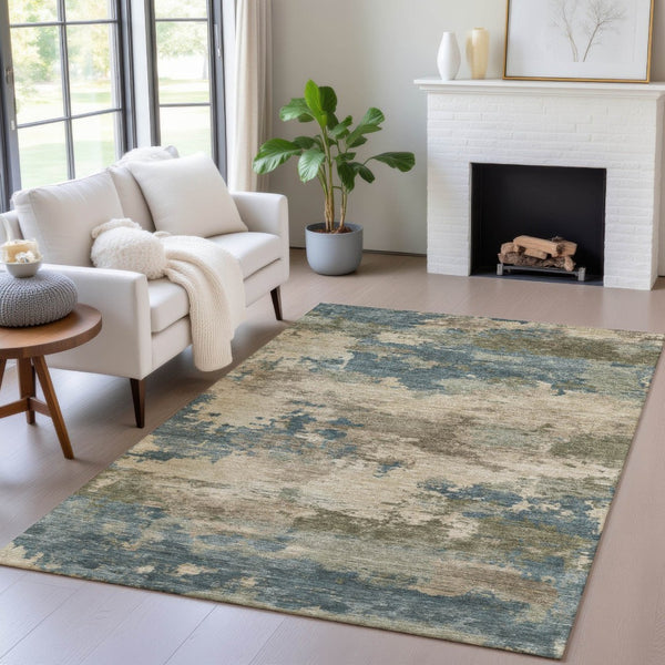 HomeRoots 5' Durable Teal Blue and Beige Abstract Area Rug for Indoor and Outdoor Use, Stylish and Washable 10' X 14' 630944