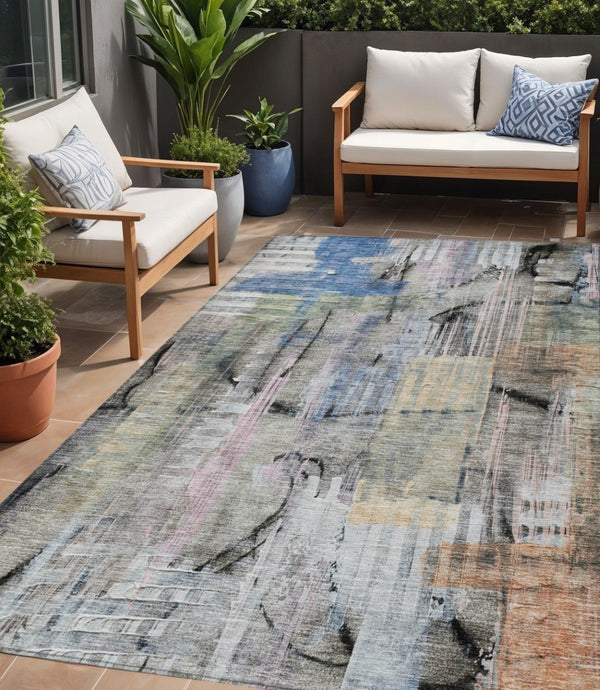HomeRoots 5' Blue Black Copper Abstract Area Rug - Durable, Washable Design for Indoor & Outdoor Spaces 5' X 8' 630946
