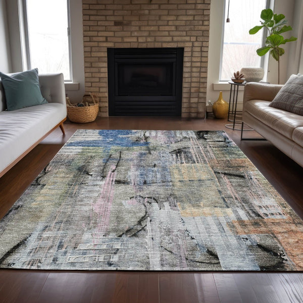 HomeRoots 5' Blue Black Copper Abstract Area Rug - Durable, Washable Design for Indoor & Outdoor Spaces 5' X 8' 630946