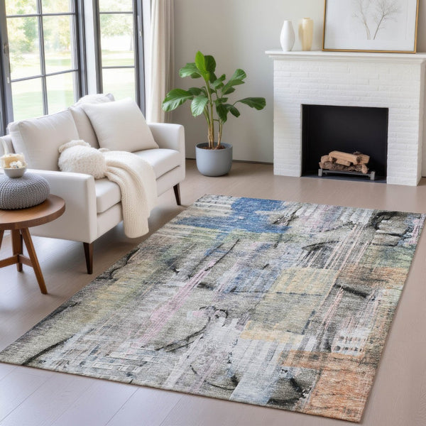 HomeRoots 5' Blue Black Copper Abstract Area Rug - Durable, Washable Design for Indoor & Outdoor Spaces 10' X 14' 630950