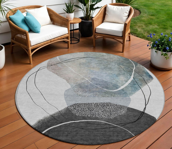 HomeRoots 5' Ivory and Gray Abstract Washable Area Rug - Stylish, Durable, Indoor/Outdoor Home Décor Essential 8' Round 630953