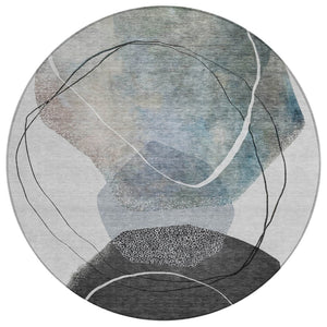 HomeRoots 5' Ivory and Gray Abstract Washable Area Rug - Stylish, Durable, Indoor/Outdoor Home Décor Essential 8' Round 630953