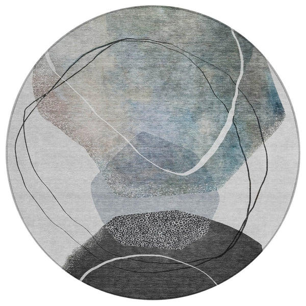 HomeRoots 5' Ivory and Gray Abstract Washable Area Rug - Stylish, Durable, Indoor/Outdoor Home Décor Essential 8' Round 630953