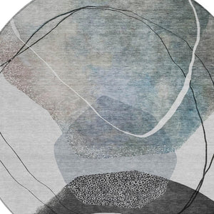HomeRoots 5' Ivory and Gray Abstract Washable Area Rug - Stylish, Durable, Indoor/Outdoor Home Décor Essential 8' Round 630953