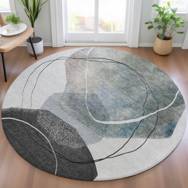 HomeRoots 5' Ivory and Gray Abstract Washable Area Rug - Stylish, Durable, Indoor/Outdoor Home Décor Essential 8' Round 630953