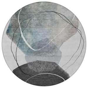 HomeRoots 5' Ivory and Gray Abstract Washable Area Rug - Stylish, Durable, Indoor/Outdoor Home Décor Essential 8' Round 630953
