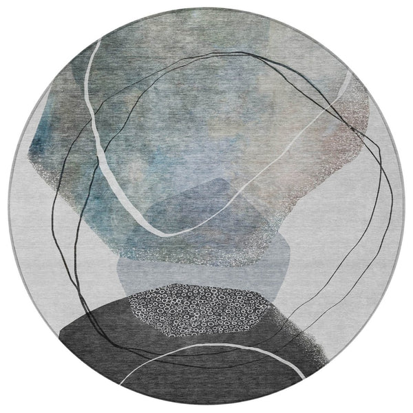 HomeRoots 5' Ivory and Gray Abstract Washable Area Rug - Stylish, Durable, Indoor/Outdoor Home Décor Essential 8' Round 630953