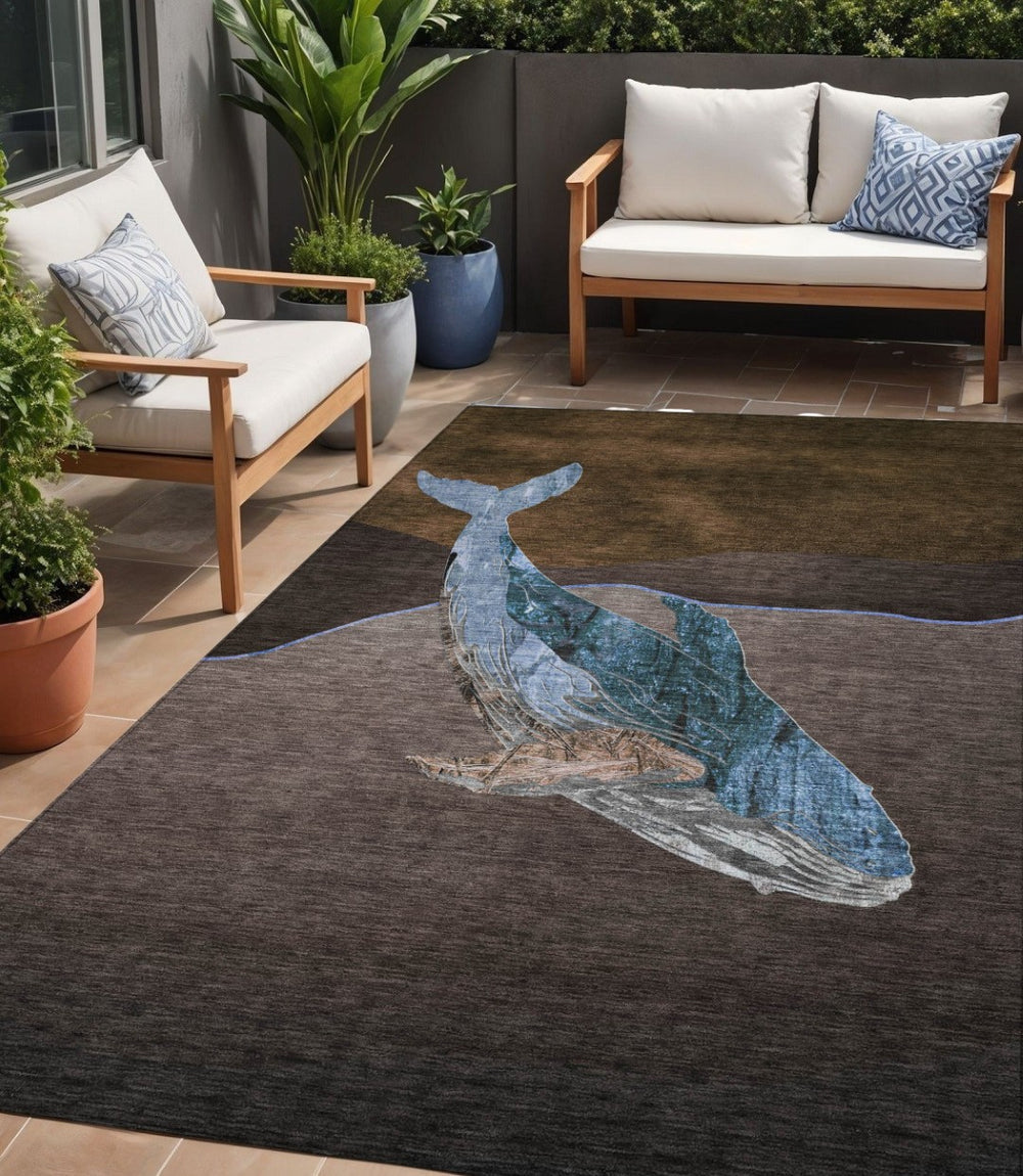 HomeRoots 5' Bold Brown and Denim Blue Animal Print Area Rug - Durable, Washable, Indoor-Outdoor Style Essential 5' X 8' 630958