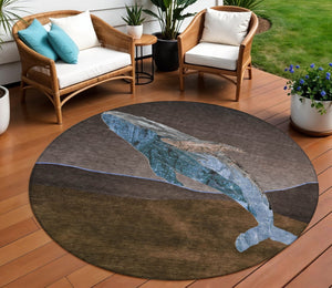 HomeRoots 5' Bold Brown and Denim Blue Animal Print Area Rug - Durable, Washable, Indoor-Outdoor Style Essential 8' Round 630959