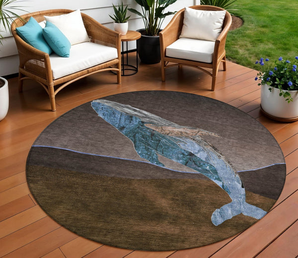 HomeRoots 5' Bold Brown and Denim Blue Animal Print Area Rug - Durable, Washable, Indoor-Outdoor Style Essential 8' Round 630959