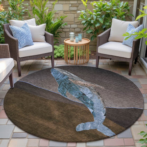 HomeRoots 5' Bold Brown and Denim Blue Animal Print Area Rug - Durable, Washable, Indoor-Outdoor Style Essential 8' Round 630959