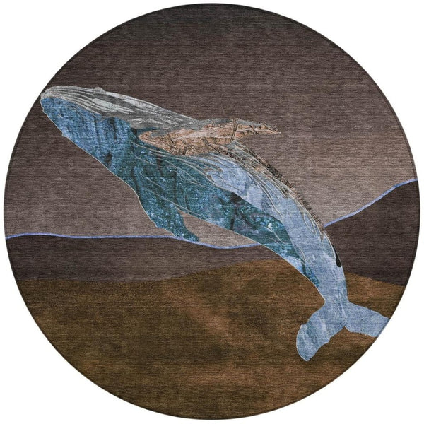 HomeRoots 5' Bold Brown and Denim Blue Animal Print Area Rug - Durable, Washable, Indoor-Outdoor Style Essential 8' Round 630959