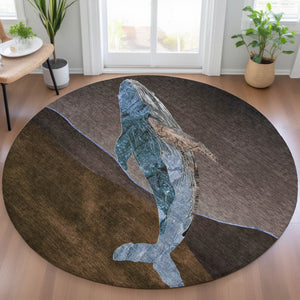 HomeRoots 5' Bold Brown and Denim Blue Animal Print Area Rug - Durable, Washable, Indoor-Outdoor Style Essential 8' Round 630959