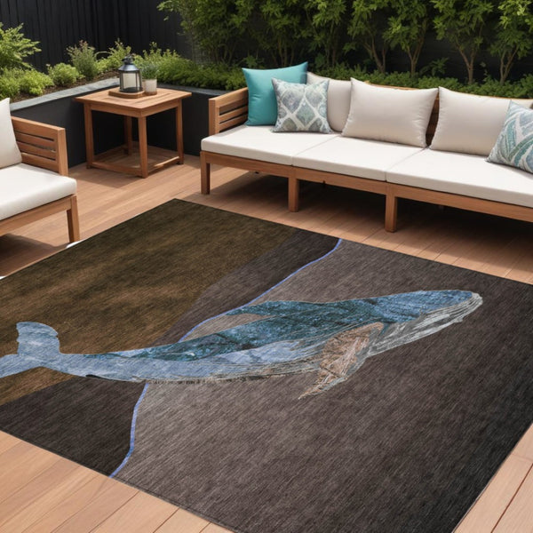 HomeRoots 5' Bold Brown and Denim Blue Animal Print Area Rug - Durable, Washable, Indoor-Outdoor Style Essential 9' X 12' 630961