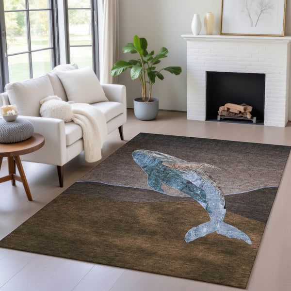 HomeRoots 5' Bold Brown and Denim Blue Animal Print Area Rug - Durable, Washable, Indoor-Outdoor Style Essential 10' X 14' 630962