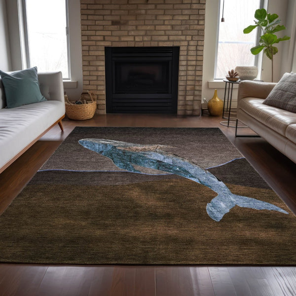 HomeRoots 5' Bold Brown and Denim Blue Animal Print Area Rug - Durable, Washable, Indoor-Outdoor Style Essential 10' X 14' 630962