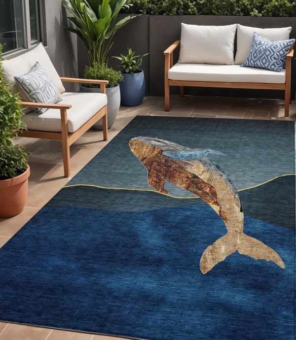 HomeRoots 5' Stylish Blue and Brown Animal Print Indoor/Outdoor Area Rug - Washable, Durable, Versatile Choice 5' X 8' 630964