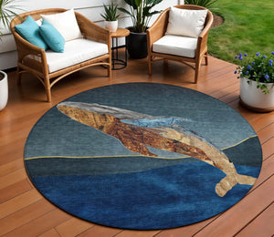 HomeRoots 5' Stylish Blue and Brown Animal Print Indoor/Outdoor Area Rug - Washable, Durable, Versatile Choice 8' Round 630965