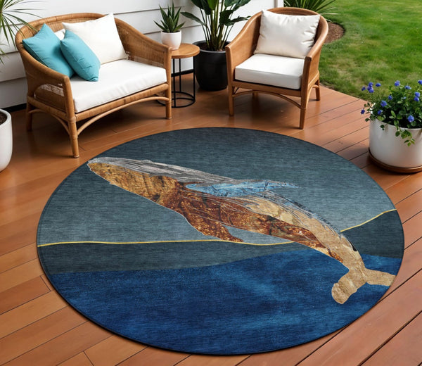 HomeRoots 5' Stylish Blue and Brown Animal Print Indoor/Outdoor Area Rug - Washable, Durable, Versatile Choice 8' Round 630965