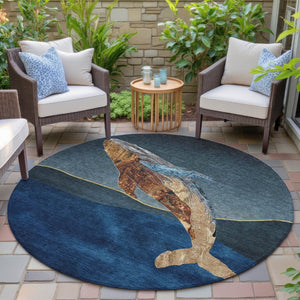 HomeRoots 5' Stylish Blue and Brown Animal Print Indoor/Outdoor Area Rug - Washable, Durable, Versatile Choice 8' Round 630965