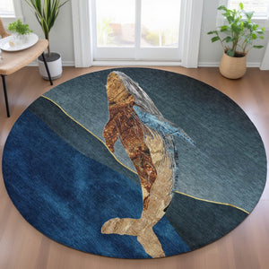 HomeRoots 5' Stylish Blue and Brown Animal Print Indoor/Outdoor Area Rug - Washable, Durable, Versatile Choice 8' Round 630965