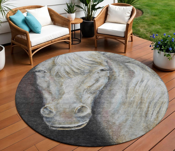 HomeRoots 5' Stylish Ivory and Charcoal Animal Print Indoor Outdoor Area Rug – Durable, Washable, Versatile Design 8' Round 630971