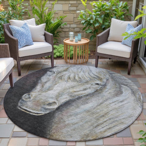 HomeRoots 5' Stylish Ivory and Charcoal Animal Print Indoor Outdoor Area Rug – Durable, Washable, Versatile Design 8' Round 630971