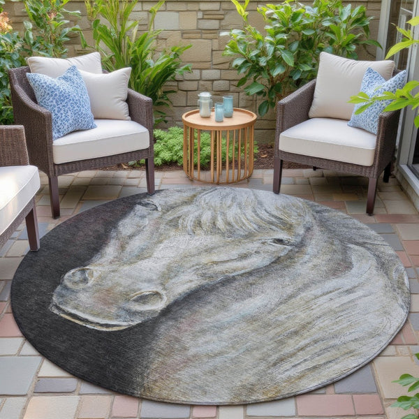 HomeRoots 5' Stylish Ivory and Charcoal Animal Print Indoor Outdoor Area Rug – Durable, Washable, Versatile Design 8' Round 630971