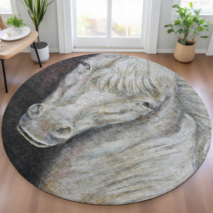 HomeRoots 5' Stylish Ivory and Charcoal Animal Print Indoor Outdoor Area Rug – Durable, Washable, Versatile Design 8' Round 630971