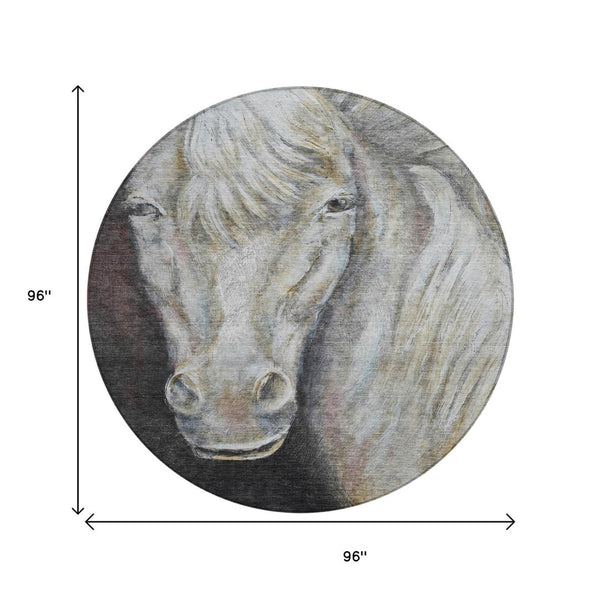HomeRoots 5' Stylish Ivory and Charcoal Animal Print Indoor Outdoor Area Rug – Durable, Washable, Versatile Design 8' Round 630971