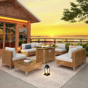 English Elm K&K 8-Piece Patio Conversation Set with 43" 60,000 BTU Propane Fire Pit, UV Wicker & Thick Cushions Beige,Orange N707S000012Z