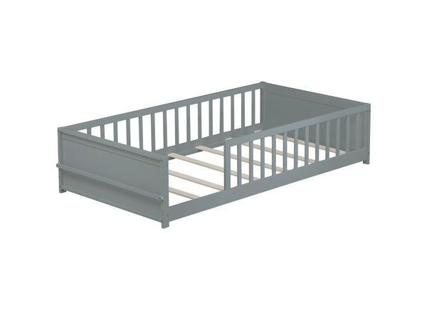 English Elm Twin Floor Platform Bed With Book Rack - Cozy Grey Design, Safe Low Profile, Easy Assembly & Storage W504P345764-GIGA