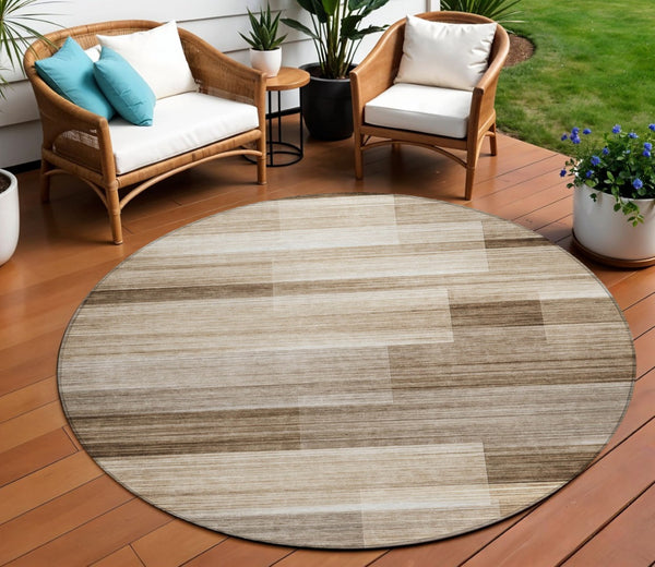 HomeRoots 5' Durable Brown and Ivory Striped Area Rug for Indoor or Outdoor Spaces - Stylish, Washable Design 8' Round 630977