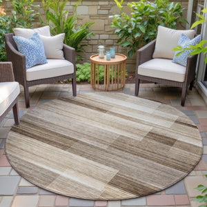 HomeRoots 5' Durable Brown and Ivory Striped Area Rug for Indoor or Outdoor Spaces - Stylish, Washable Design 8' Round 630977