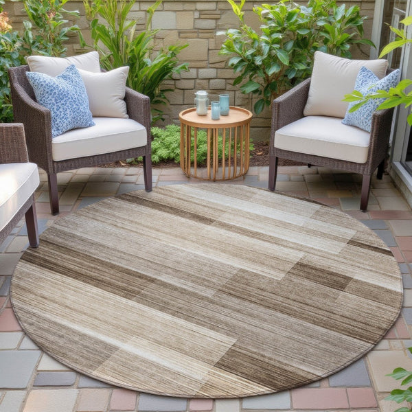 HomeRoots 5' Durable Brown and Ivory Striped Area Rug for Indoor or Outdoor Spaces - Stylish, Washable Design 8' Round 630977