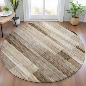 HomeRoots 5' Durable Brown and Ivory Striped Area Rug for Indoor or Outdoor Spaces - Stylish, Washable Design 8' Round 630977