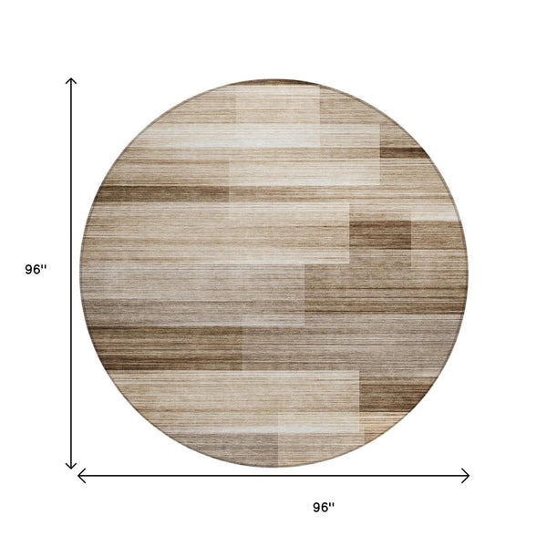 HomeRoots 5' Durable Brown and Ivory Striped Area Rug for Indoor or Outdoor Spaces - Stylish, Washable Design 8' Round 630977
