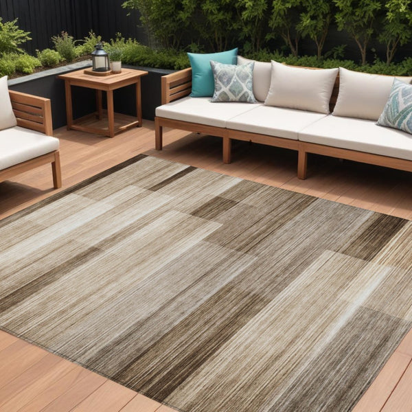 HomeRoots 5' Durable Brown and Ivory Striped Area Rug for Indoor or Outdoor Spaces - Stylish, Washable Design 8' X 10' 630978